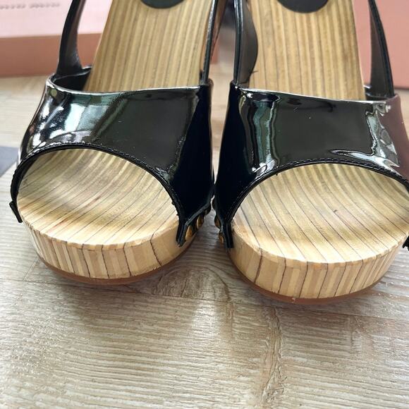 Miu‎ Miu Patent Leather Slingback Wood Platform Heel Sandals | Black 38 - Picture 5 of 13